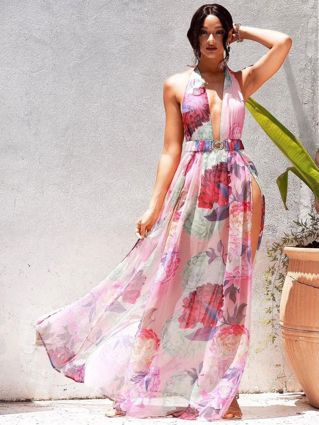 Spring Summer Women Sexy Suspenders Deep V Plunge Floral Shape Printing Slip Dress by Ragazza