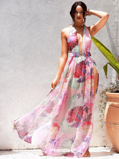 Spring Summer Women Sexy Suspenders Deep V Plunge Floral Shape Printing Slip Dress by Ragazza