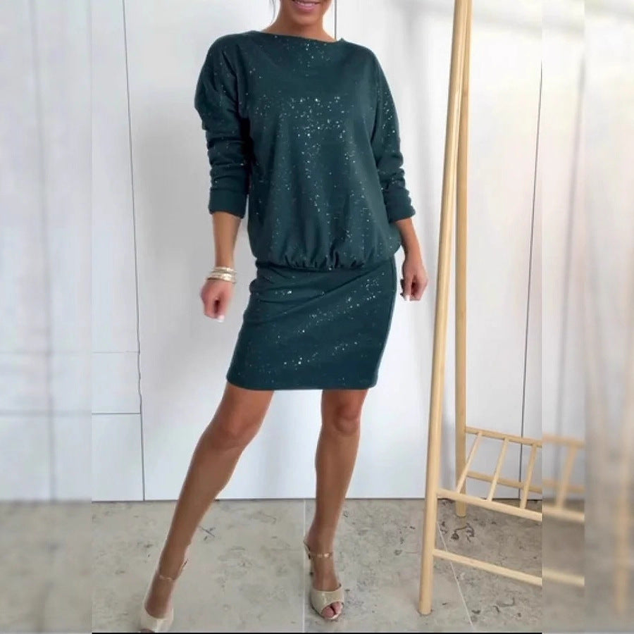 Single Casual Office round Neck Long Sleeve Short Dress  DestGlow