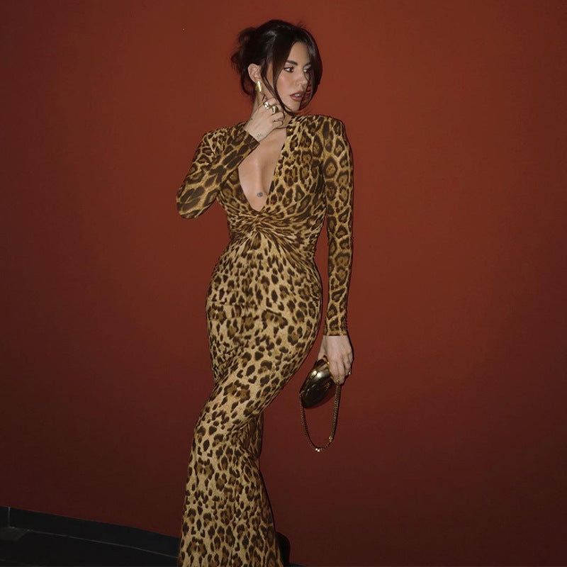 Leopard Print Sexy Dress Twist Long Sleeve Dress by Ragazza