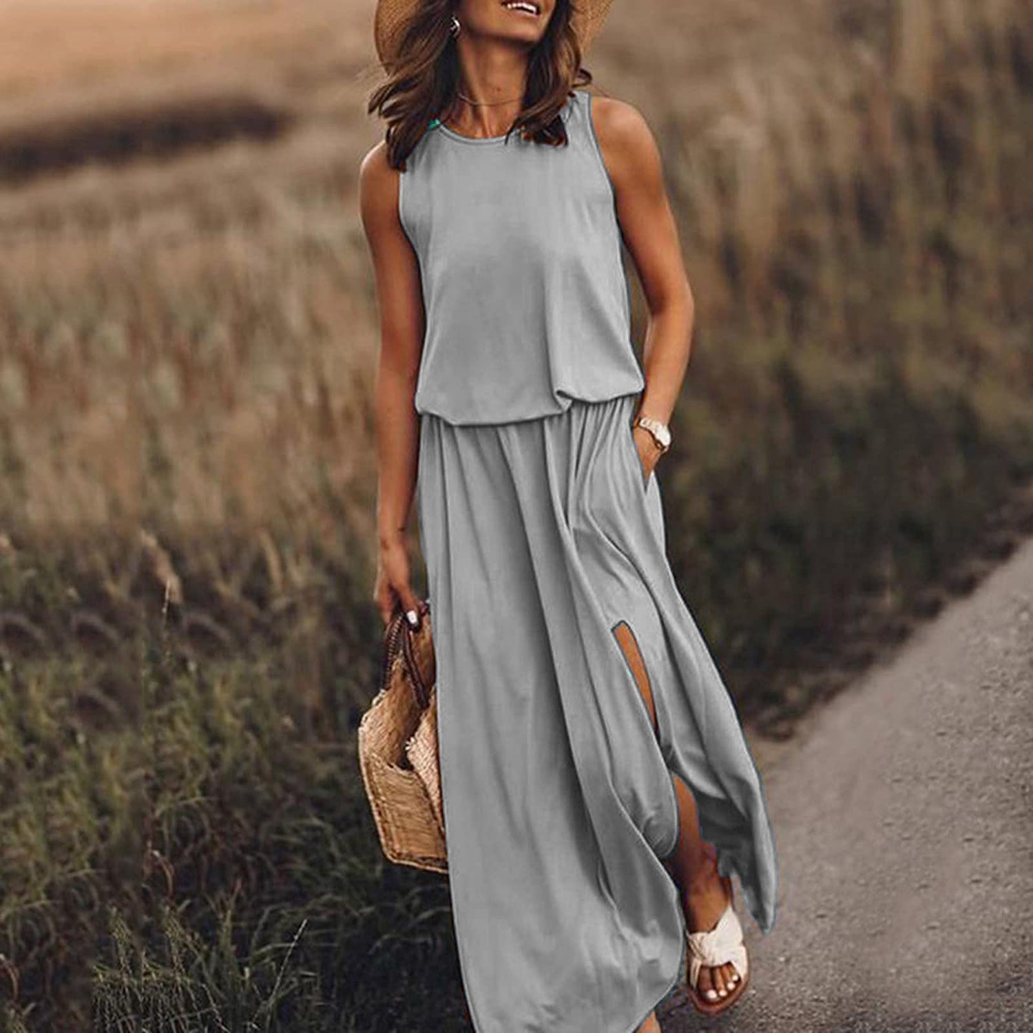 Spring Summer Women Clothing round Neck Sleeveless Dress Split Solid Color Casual Office Dress by Ragazza