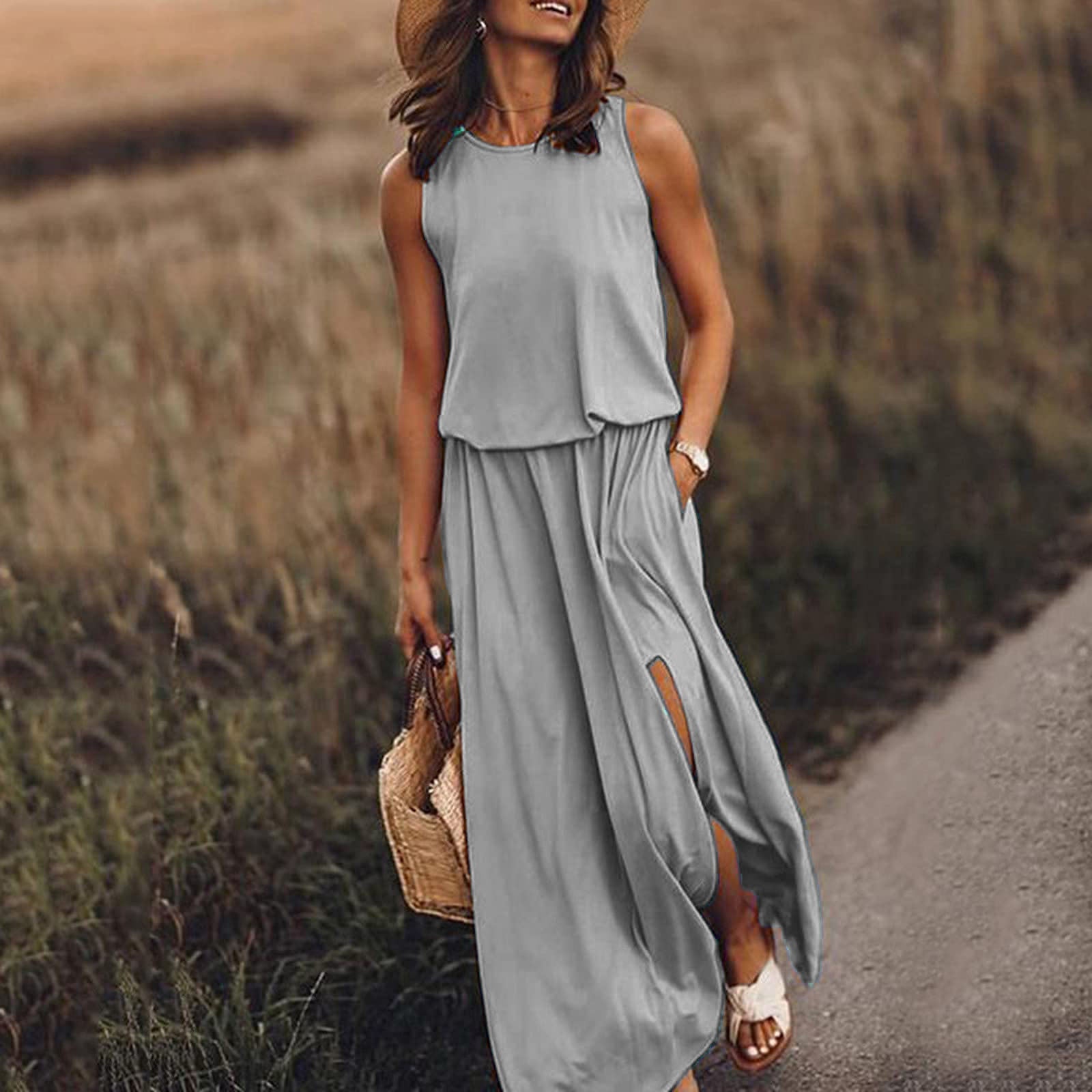 Spring Summer Women Clothing round Neck Sleeveless Dress Split Solid Color Casual Office Dress by Ragazza