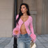 Sexy Deep V Plunge neck Long Sleeve Ostrich Feather Pink Cardigan Autumn Sexy All Match Top by Ragazza
