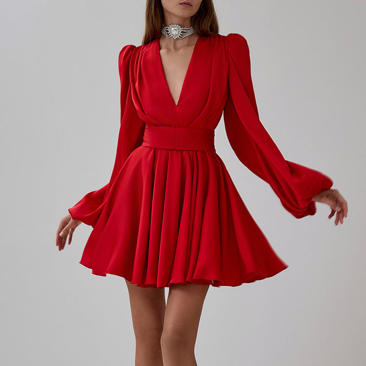 French Pleated Dress Women Puff Sleeve V neck Waist Seal Slimming Satin A line Dress by Ragazza