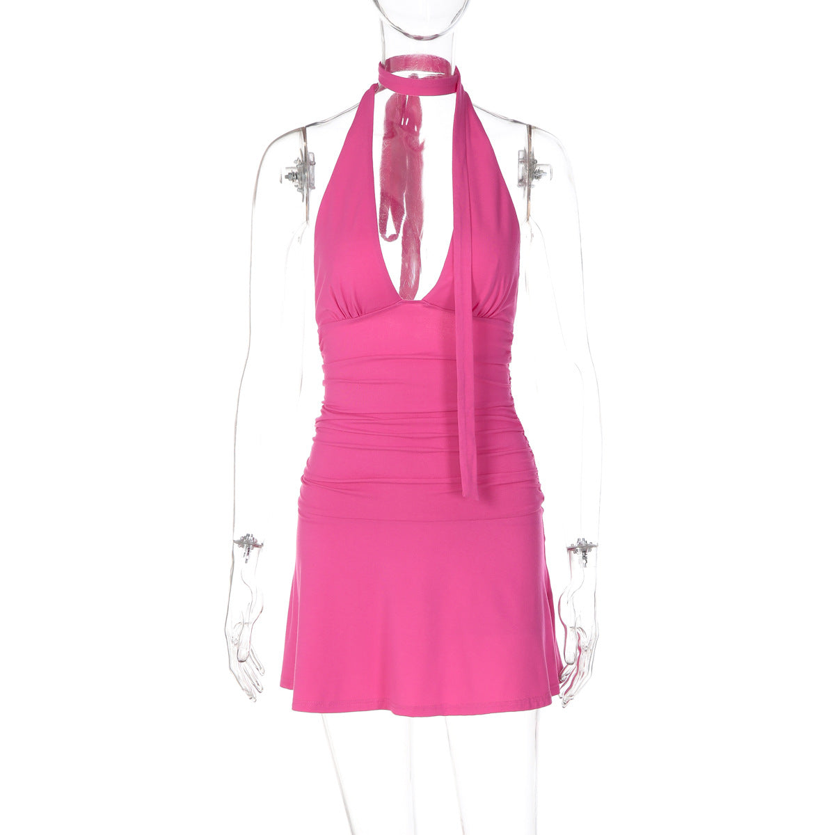 Arrival Sexy Deep V Plunge Hollow Out Cutout Backless Waist Tight Solid Color Sheath Halter Sexy Dress Women  DestGlow