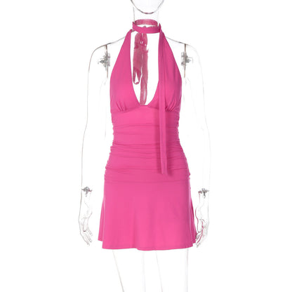 Arrival Sexy Deep V Plunge Hollow Out Cutout Backless Waist Tight Solid Color Sheath Halter Sexy Dress Women  DestGlow