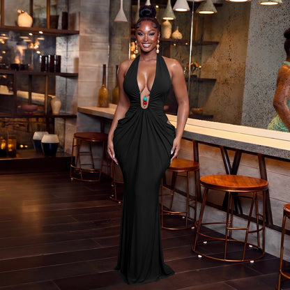 Women Clothing Elegant Halter V neck Sexy Backless Lace up Pleated Maxi Dress  DestGlow