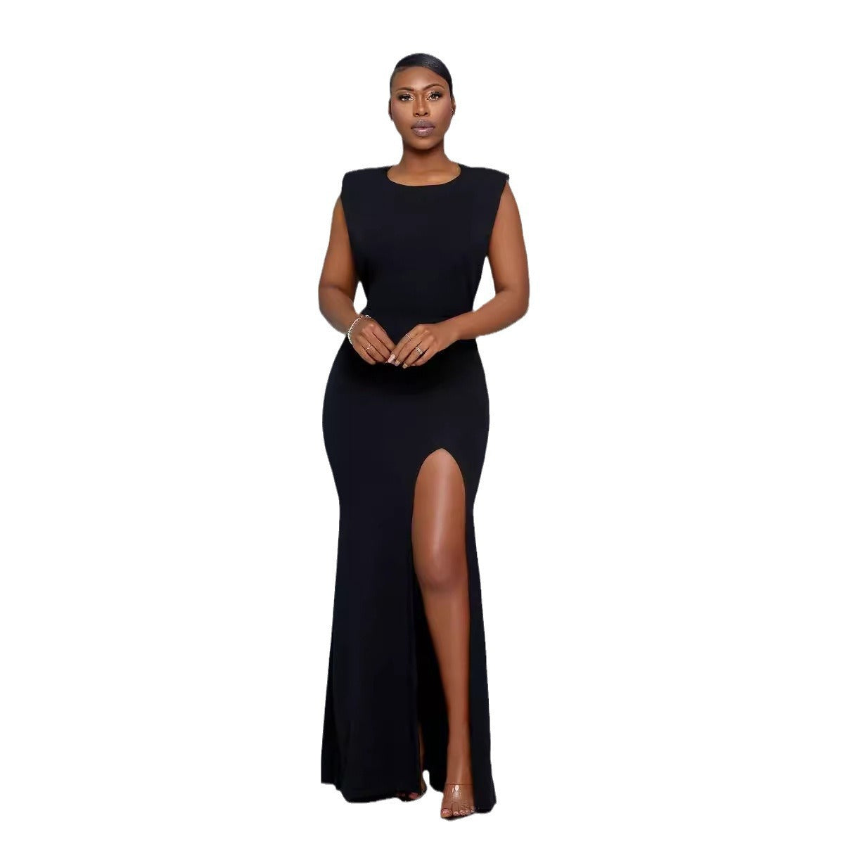 Round Neck Back Hollow Out Cutout Rhinestone Strip Slim Fit Slit Dress by Ragazza