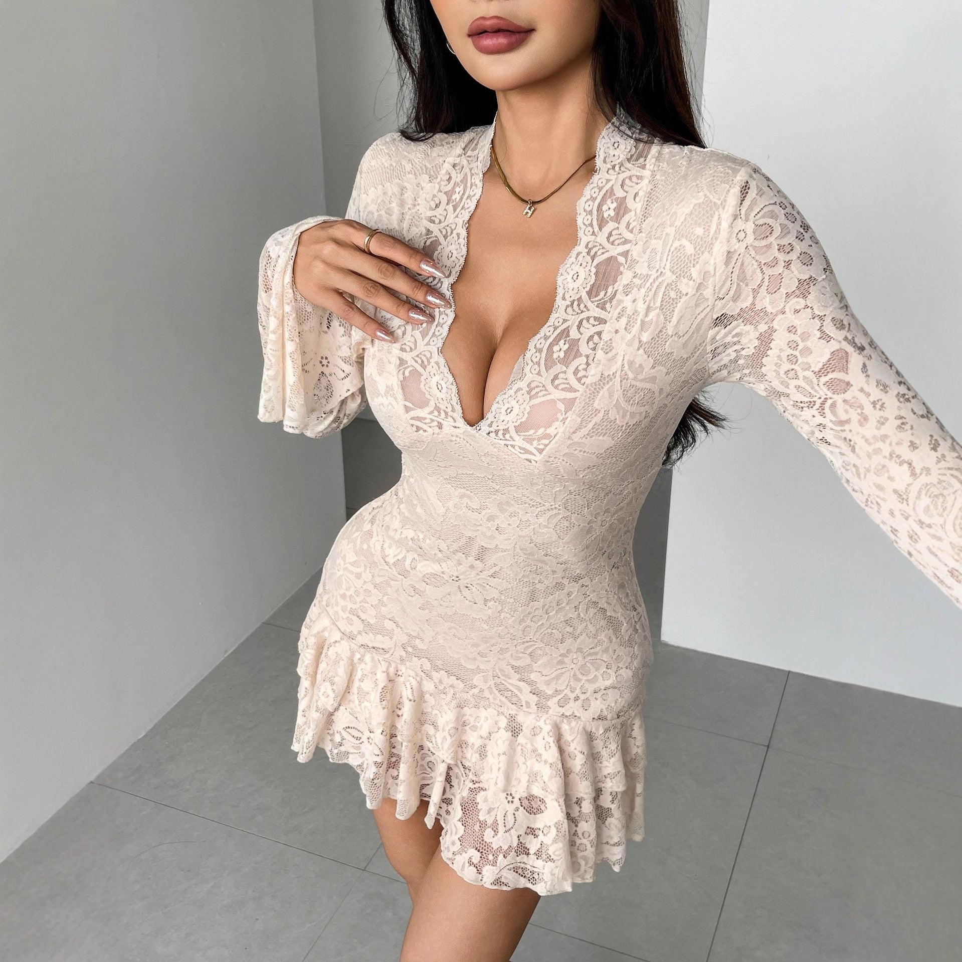 Autumn Winter Lace V neck Double Layer Ruffled Slim Fit Sheath Dress by Ragazza