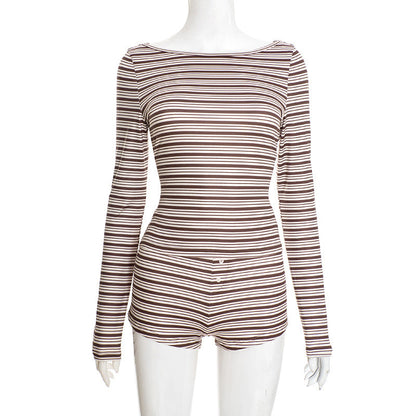 Women Clothing Autumn Winter Elegant Casual Striped Long Sleeved Top Short Shorts Set by Ragazza