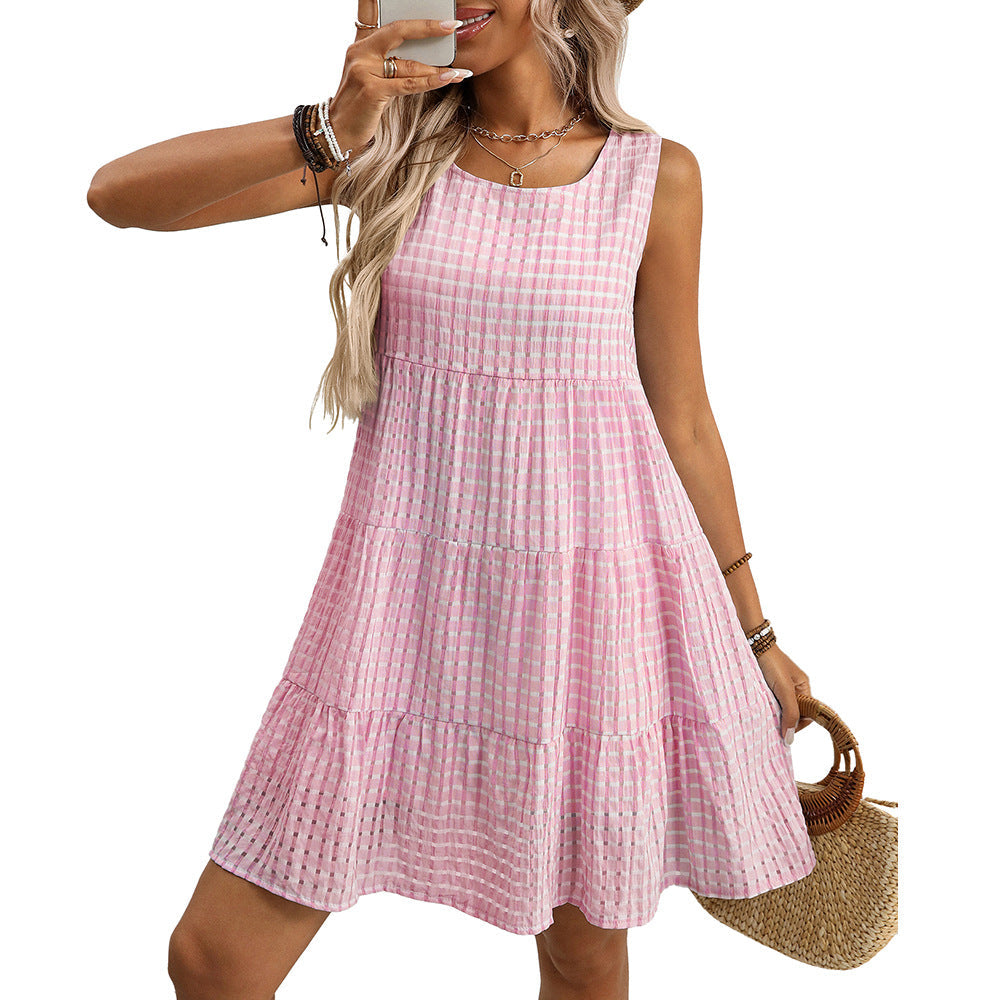 Summer Women Clothing Loose Casual Elegant Sleeveless Plaid Dress by Ragazza