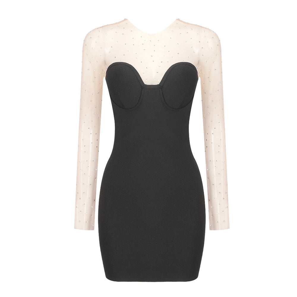 Summer Black Particle Diamond Mesh Stitching Bandage Elastic Dress Women Clothing by Ragazza