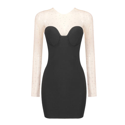 Summer Black Particle Diamond Mesh Stitching Bandage Elastic Dress Women Clothing by Ragazza
