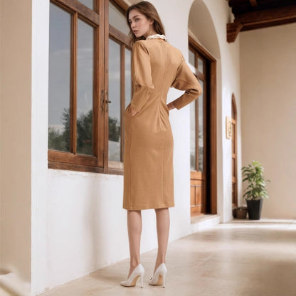Retro Crew Neck Long Sleeve Twist Design Slim Fitting Mid Length Knitted Dress by Ragazza
