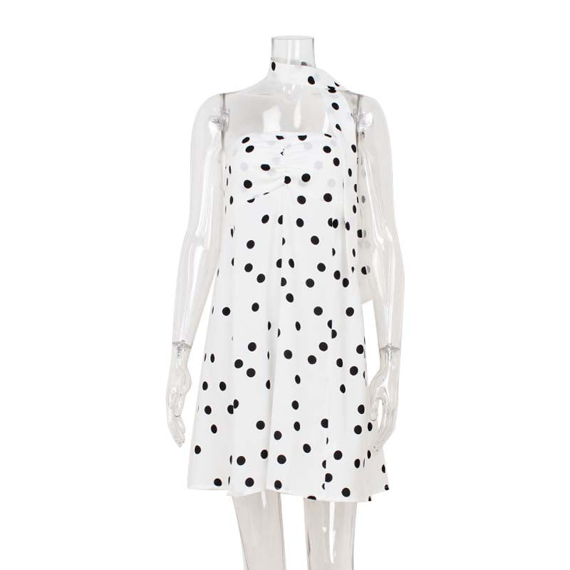 Elegant Expensive Tube Top Dress Loose Polka Dot Printed Short Dress with Scarf by Ragazza