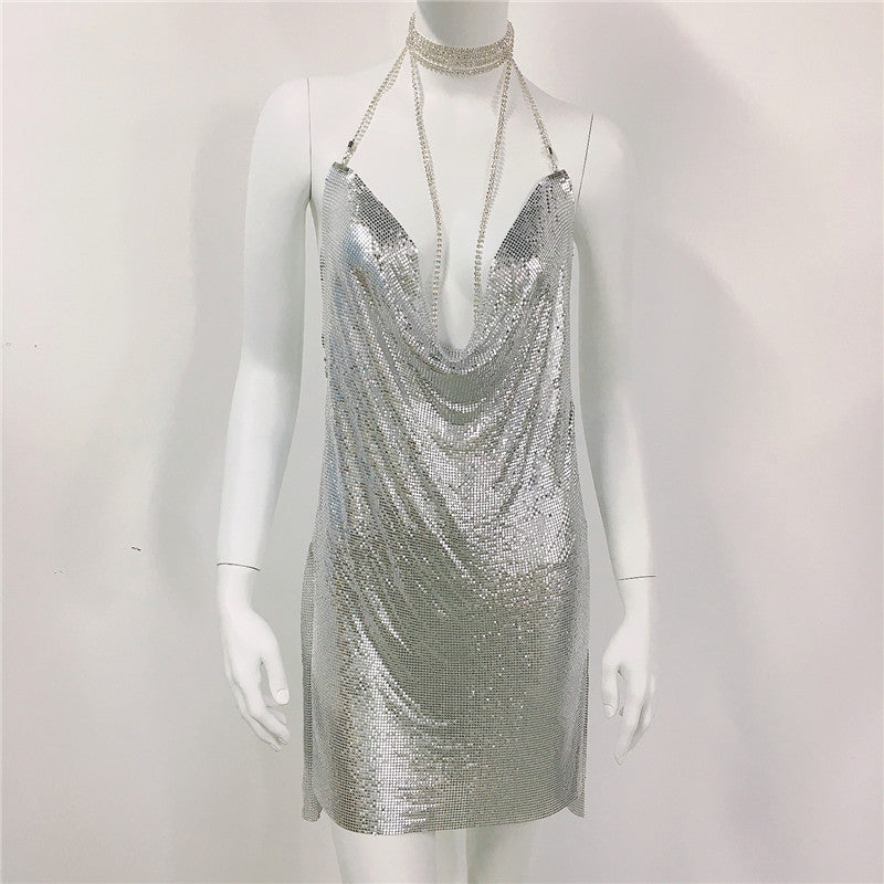 Metallic Coated Fabric Women Clothing Metal Sequ Dress Sexy Sweet Spicy Dress Rhinestone Cami Dress Women by Ragazza