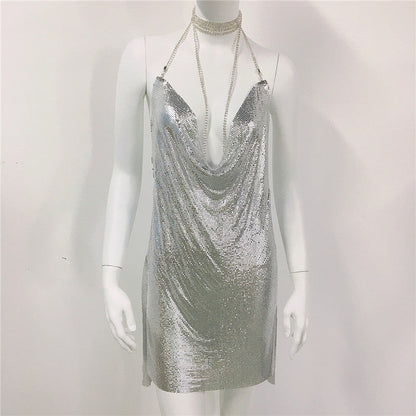 Metallic Coated Fabric Women Clothing Metal Sequ Dress Sexy Sweet Spicy Dress Rhinestone Cami Dress Women by Ragazza