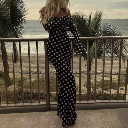 Spring Summer Gauze Polka Dot Stitching off Shoulder Sexy Slim Dress for Women by Ragazza