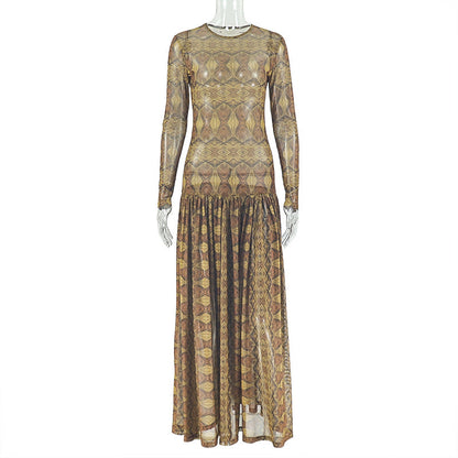 Elegant Retro Women Waist Slimming Micro Transparent A line Printing round Neck Long Sleeved Dress by Ragazza