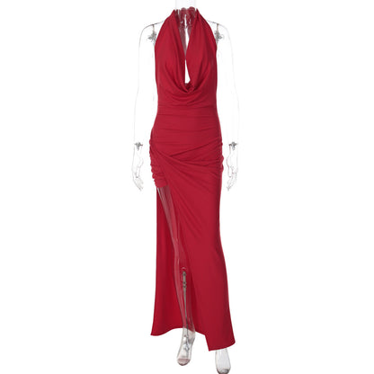 Winter Women Clothing Sexy Deep V Plunge neck Solid Color Split Halter Backless Dress for Women by Ragazza
