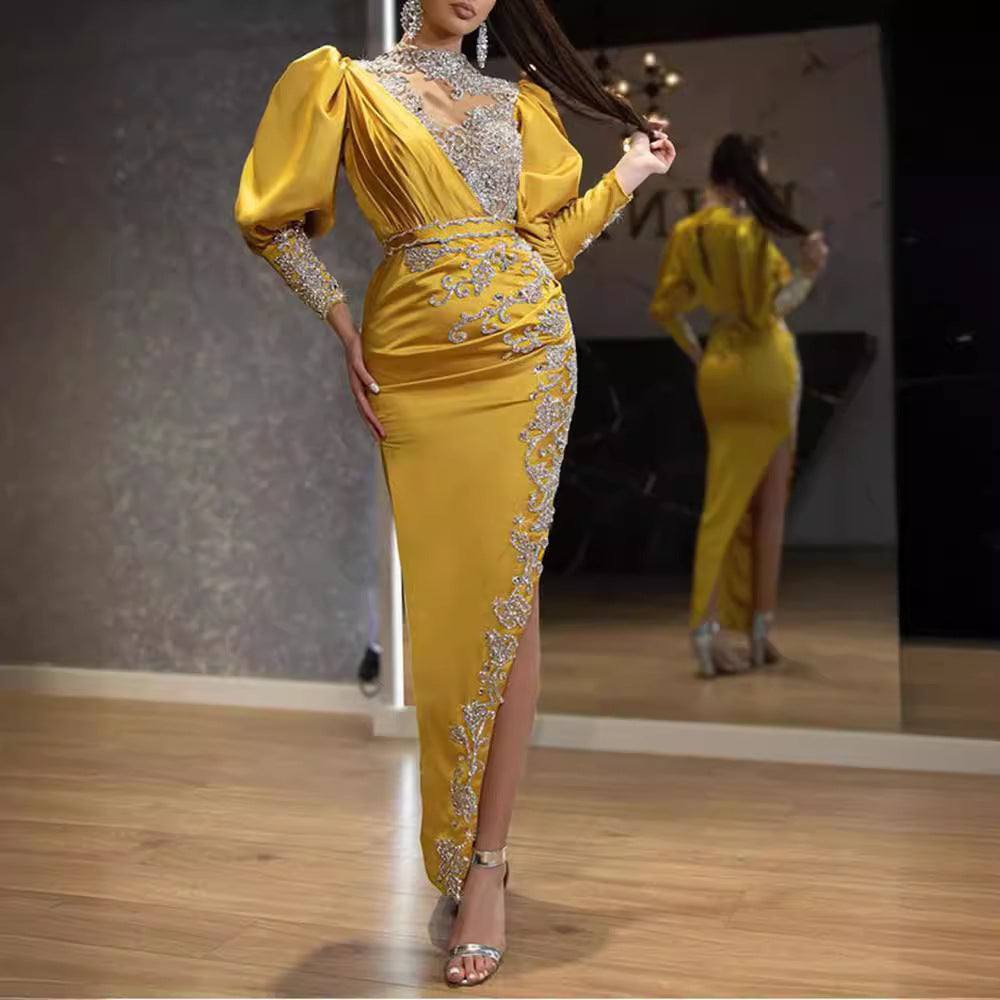 Spring Gold Women Wedding Satin Large Swing Sexy Dress Trailing Cocktail Evening Dress by Ragazza