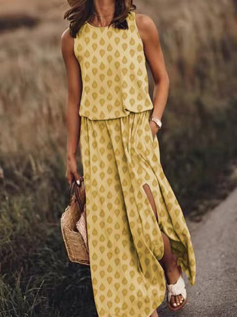 Spring Summer Women Clothing round Neck Sleeveless Dress Split Solid Color Casual Office Dress by Ragazza