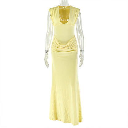 Simple Slim Fit Women Street Pleated Hip Dress Sexy V neck Sleeveless Elegant Dress by Ragazza