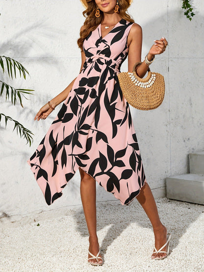 Long Sleeveless Midi Leaf Print Twist Irregular Asymmetric Dress Spring Summer Women by Ragazza