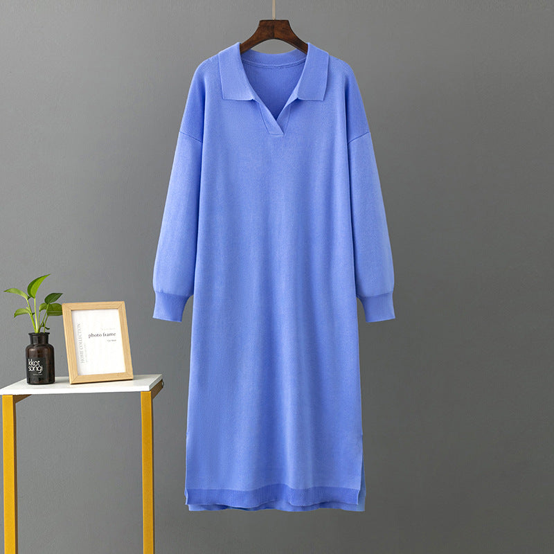 Autumn Winter Polo Collar Base Knitting Loose Solid Color Women Dress by Ragazza