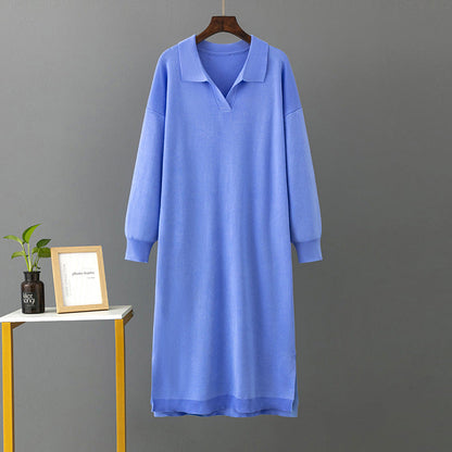 Autumn Winter Polo Collar Base Knitting Loose Solid Color Women Dress by Ragazza