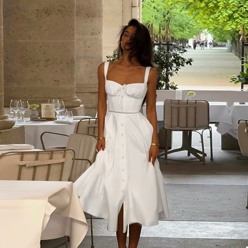 French Slim Fit U Neck Stitching Drawstring Lace up Sexy Waist Tight Cutout Sling Dress by Ragazza