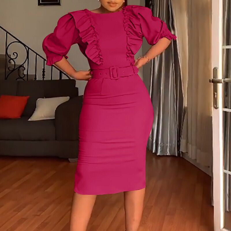 High Waist Wooden Ear Stitching Five Quarter Sleeve Office Women Dress by Ragazza