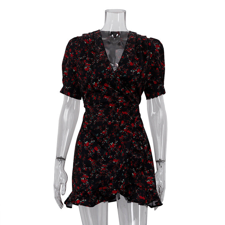 Summer Black Short Sleeve Floral Dress V neck Tight Waist Sexy Dress Women Clothing  DestGlow