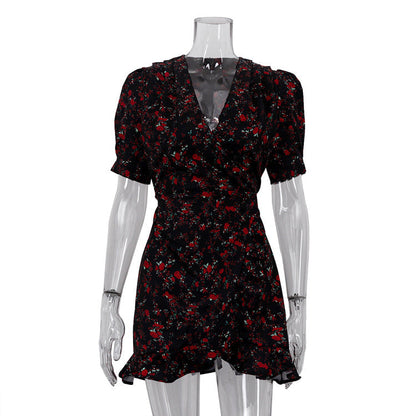 Summer Black Short Sleeve Floral Dress V neck Tight Waist Sexy Dress Women Clothing  DestGlow