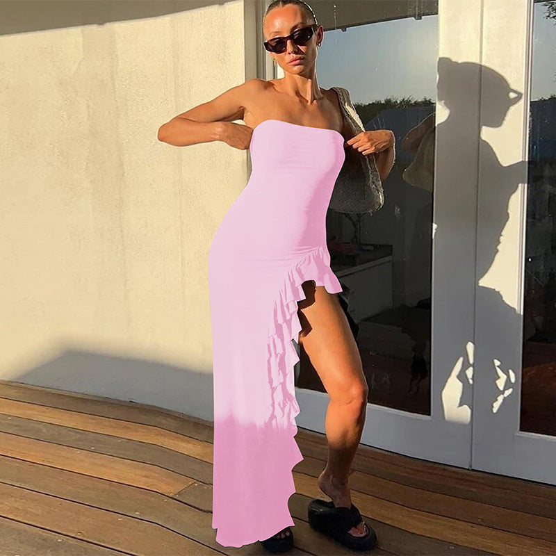 Women Clothing Summer Solid Color Ruffles Sexy Slit Tube Top Dress Hair by Ragazza
