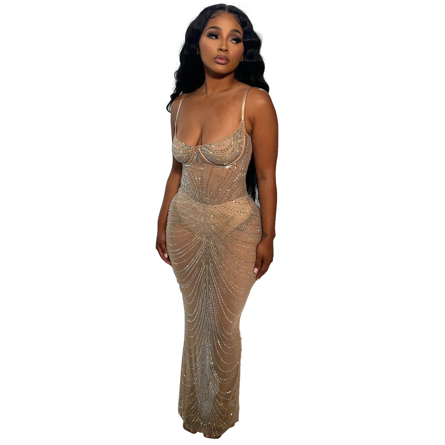 Women Wear Solid Color Mesh Drilling Sling Maxi Dress by Ragazza
