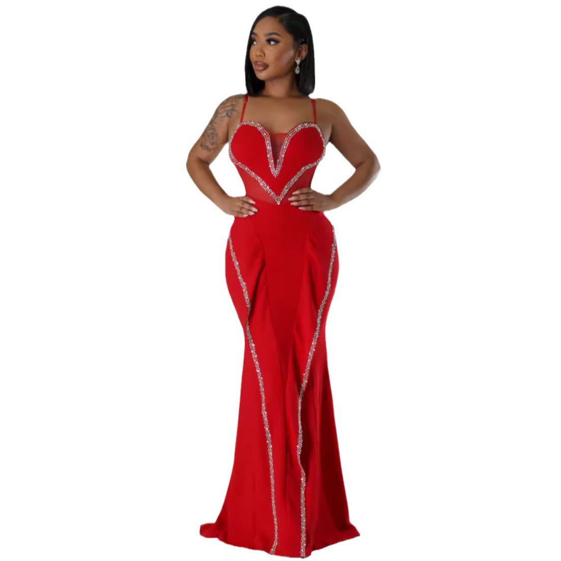 Sexy Rhinestone Mesh See Through Stitching Lace Hip Elastic Sling Dress by Ragazza