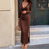 Autumn Winter Deep V Plunge neck Knitted Dress Women Long Sleeved Waist Slimming Slit Sheath Dress  DestGlow