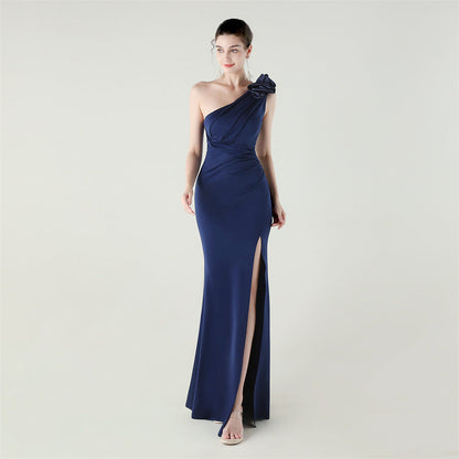 One Shoulder Three Dimensional Floral Satin Folding High Slit Sexy Evening Dress Dinner Wedding Social by Ragazza
