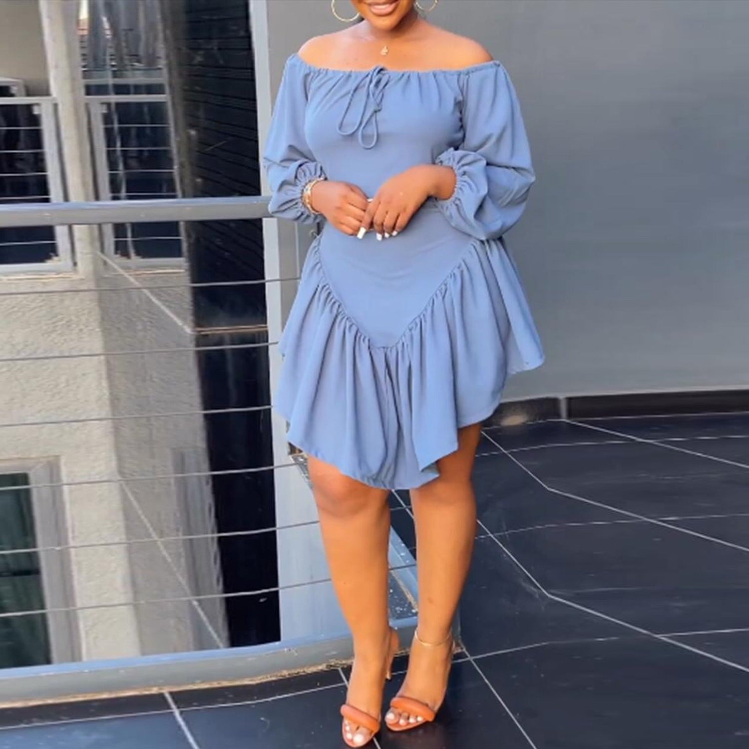 Sexy Slim Fit Solid Color Lace Band Elastic off Shoulder Lantern Sleeve Dress by Ragazza
