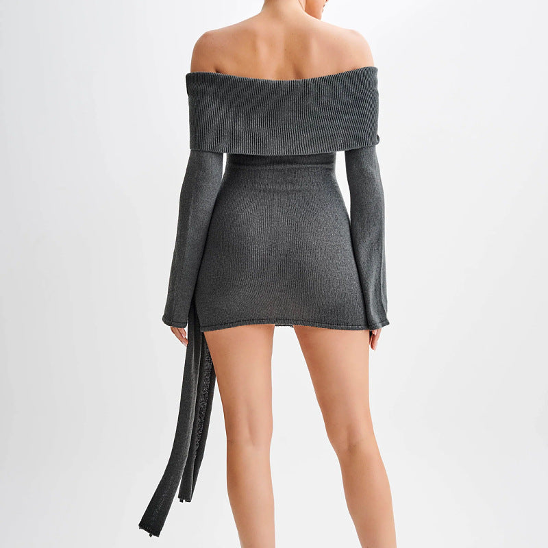 Woolen Women Clothing Sexy Strapless Long Sleeve Lace up Knitted Dress Short for Women by Ragazza