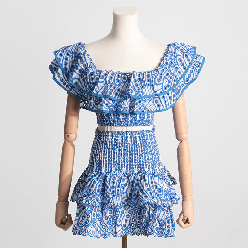 Summer French Wooden Ear Short Top High Waist Cake Layer Skirt Sexy Two Piece Suit Suit by Ragazza