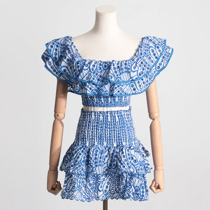 Summer French Wooden Ear Short Top High Waist Cake Layer Skirt Sexy Two Piece Suit Suit by Ragazza