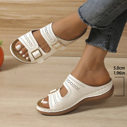 Carved Belt Buckle Platform Slippers Women Wedge Lightweight Beach Slippers  DestGlow
