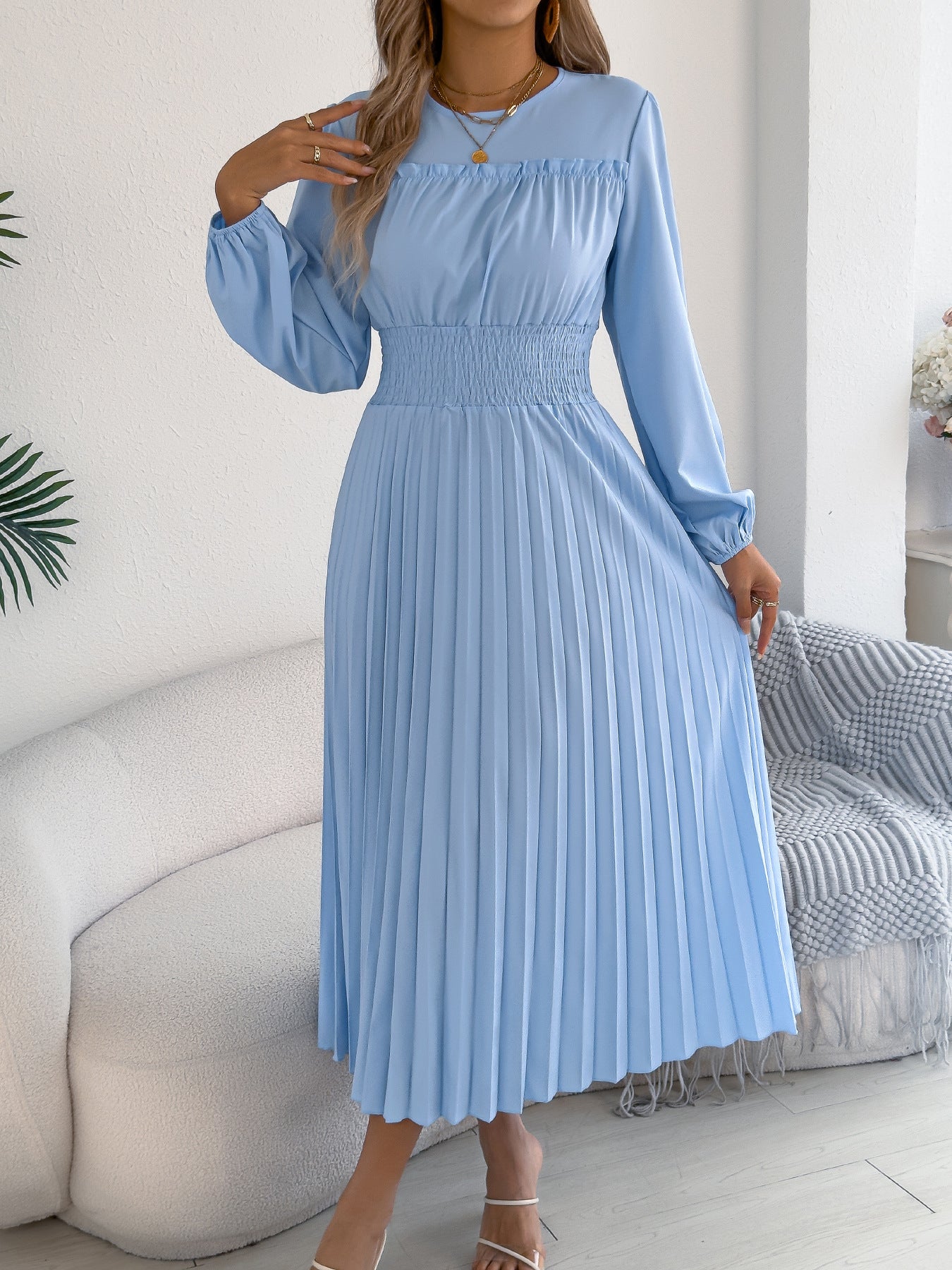 Women Clothing Spring Summer Elegant Wooden Ear Long Sleeved Waist Pleated Dress by Ragazza
