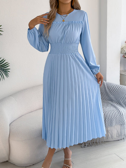 Women Clothing Spring Summer Elegant Wooden Ear Long Sleeved Waist Pleated Dress by Ragazza