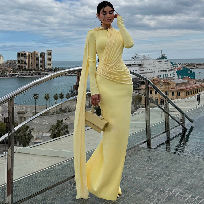Fall Women Clothing Streamer Long Sleeve round Neck Solid Color Pleated Sexy Sheath Dress  DestGlow