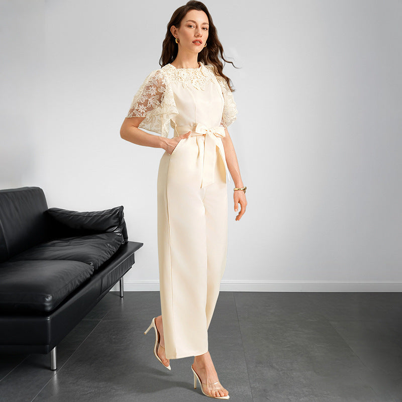 Women Clothing Elegant Summer Stitching Lace Short Sleeve Tied High Waist Straight Jumpsuit by Ragazza