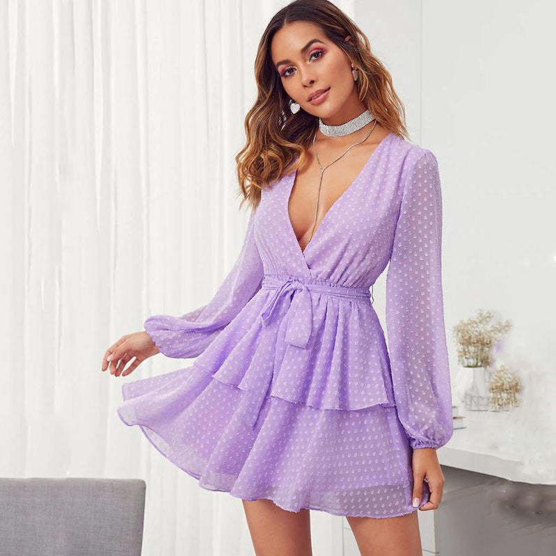 Women Summer Fashion V-neck Double Layer Lower Hem with Lace Polka Dot Dress by Ragazza
