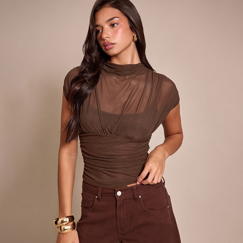 Women Clothing Solid Color Mesh Slim Fit Patchwork Turtleneck Short Sleeve Top by Ragazza